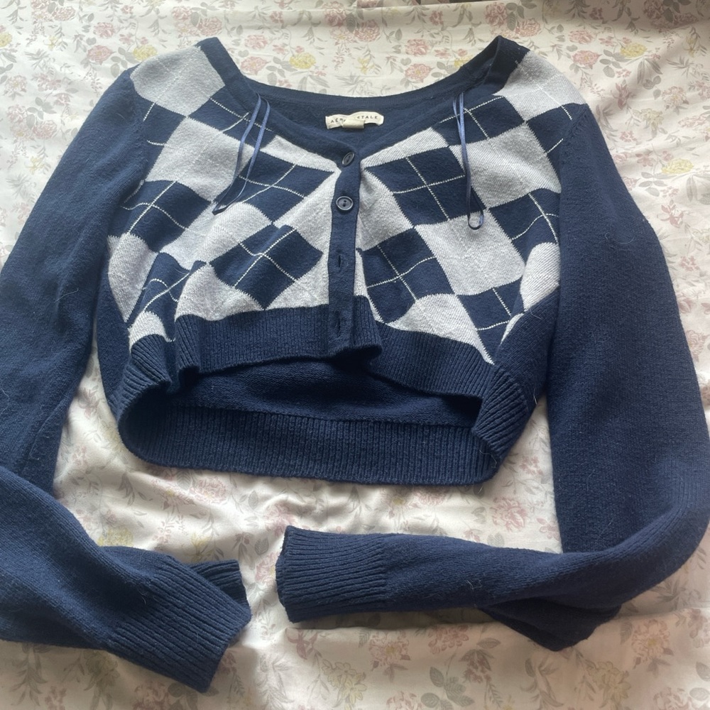 Navy Blue Argyle Cropped Cardigan